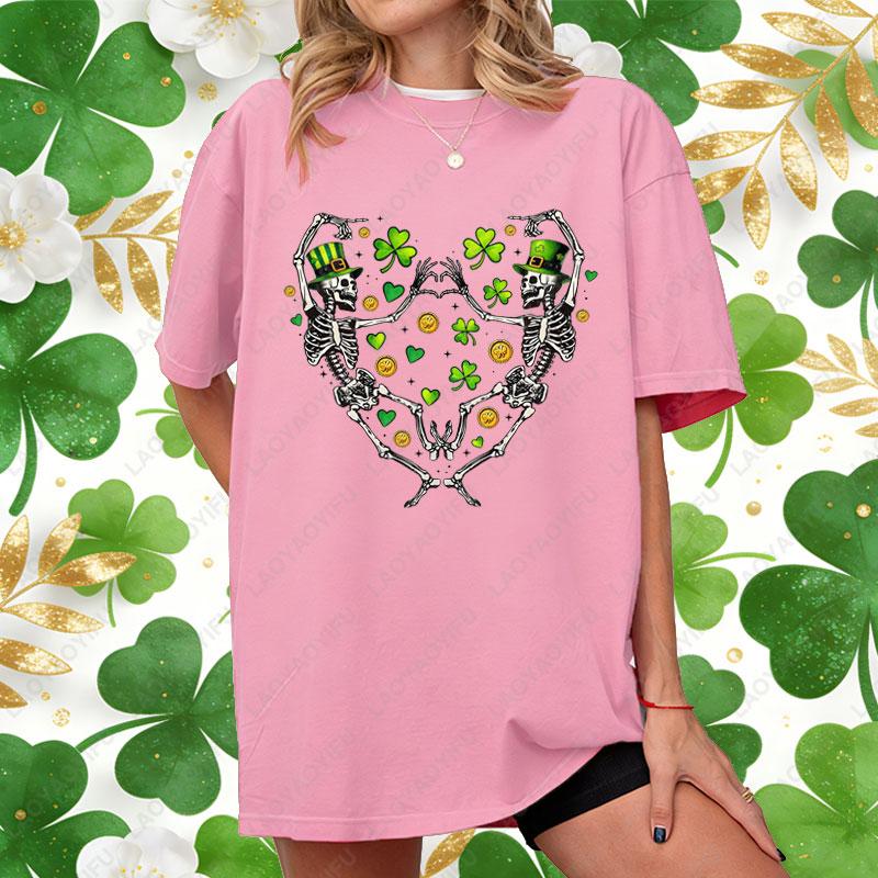 Fashion St Patricks Day Shirt Dancing Skeleton Graphic T Shirts Retro Style Y2k Streetwear Unisex Tees Cotton Shortsleeve Tops S