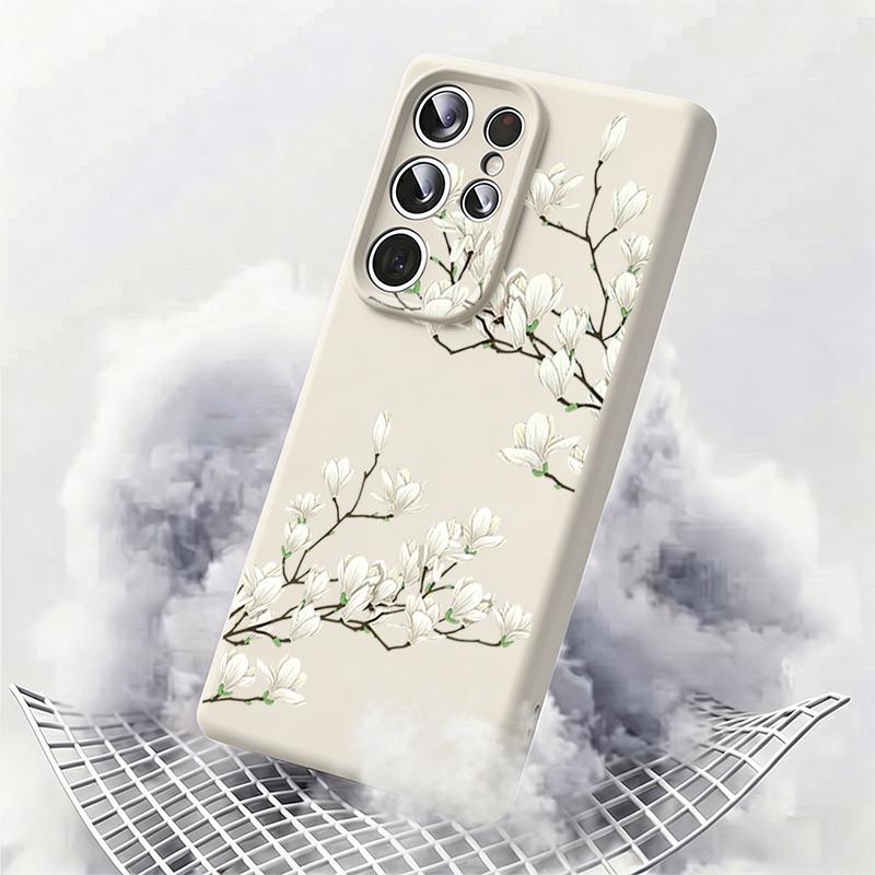White Flowers Print Case For Samsung Galaxy S26 S25 Ultra S24 Plus S23 S22 Ultra Magnetic For Magsafe Liquid Silicone Cover