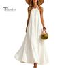 Non-sticky Fabric Dress Women Halter Neck Maxi Linen Dress, Sleeveless A-Line Loose Pleated Texture Casual Long Summer Flowy Vacation Beach