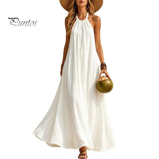 Non-sticky Fabric Dress Women Halter Neck Maxi Linen Dress, Sleeveless A-Line Loose Pleated Texture Casual Long Summer Flowy Vacation Beach