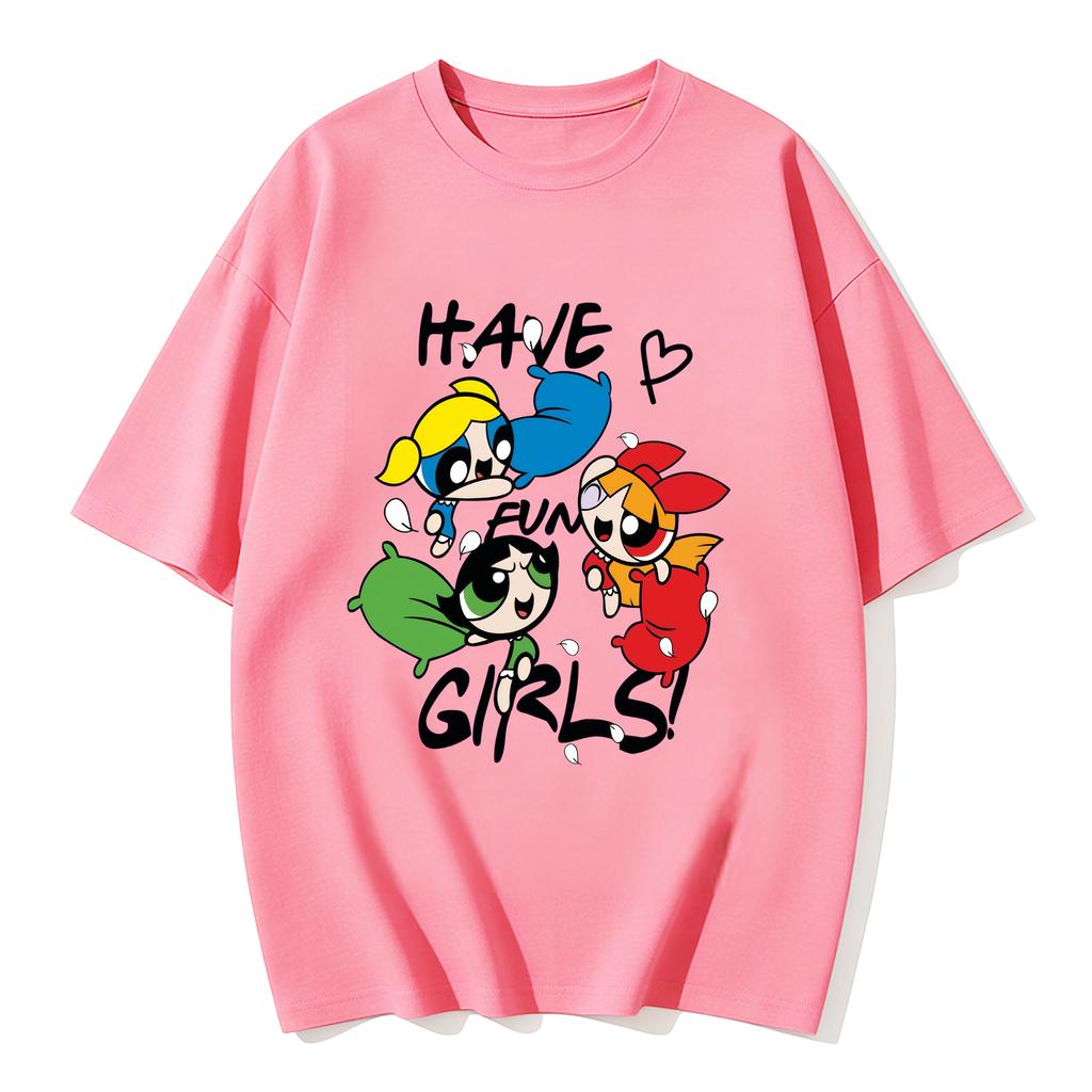 2026 Sommer Niedliche Powerpuff Girls Familien-Matching T-Shirts Cartoon-Druck Baumwoll-T-Shirts Lässige Kurzarm-Oberteile für Kinder und Erwachsene
