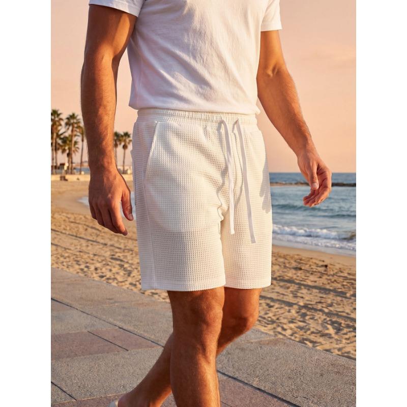 Mens Solid Color Waffle Drawstring Pockets Casual Straight Summer Shorts