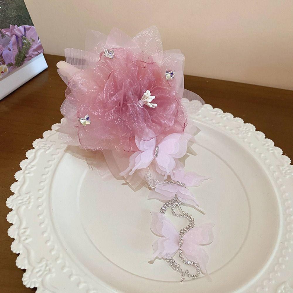 

Pink Gauze Hair Clip Rhinestones Butterfly Headwear New Hair Claws for Girls