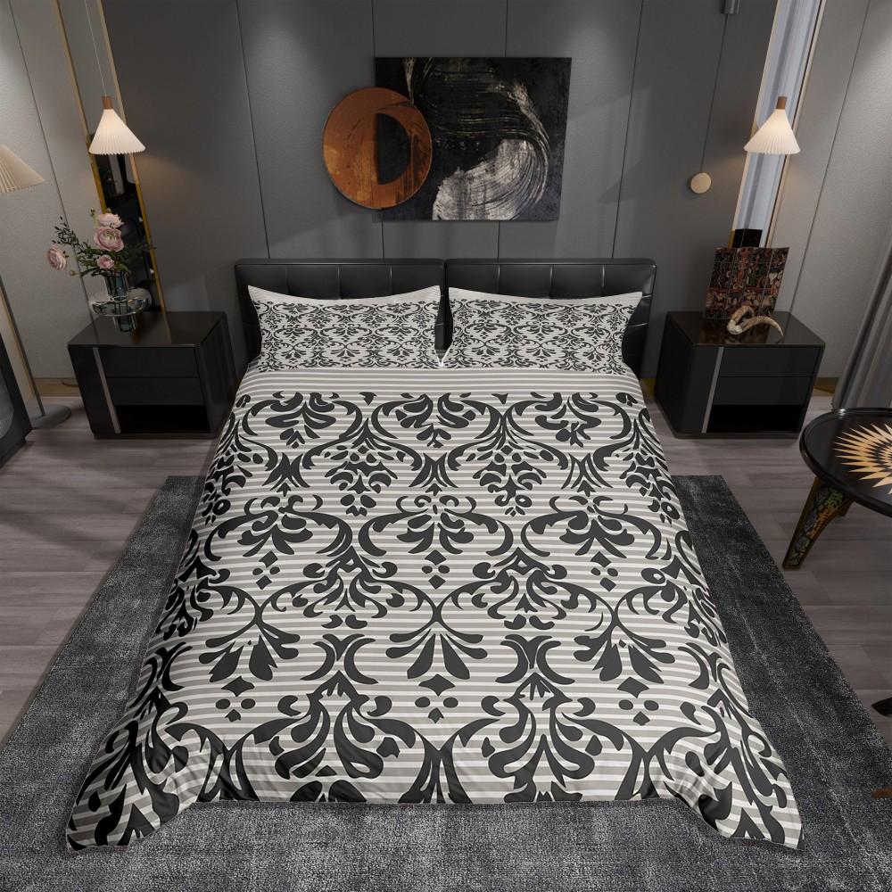 Homewish Black Gold Damask Duvet Cover Set for Female,Mystic Western Tribal Bedding Set,Vintage Bohemian Floral Bed Set