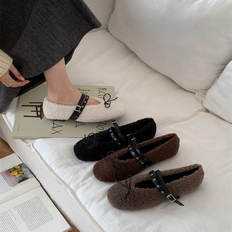 2025 Autumn and Winter Comfortable Versatile Round Head Soft Sole Cotton Shoes Bow Belt Buckle Flat Bottom Fluffy Shoes