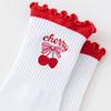 Pilates Socks for Women with Mid-calf Embroidery, Big Red Cherry and Black Fungus Trim, Lace, Rolled Edge and Slip Yoga Socks