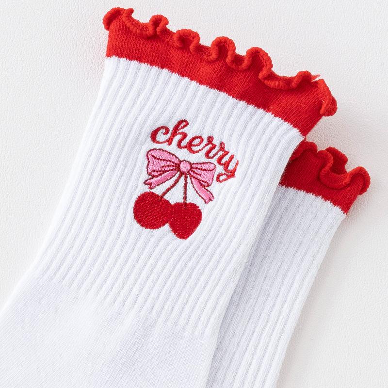 Pilates Socks for Women with Mid-calf Embroidery, Big Red Cherry and Black Fungus Trim, Lace, Rolled Edge and Slip Yoga Socks