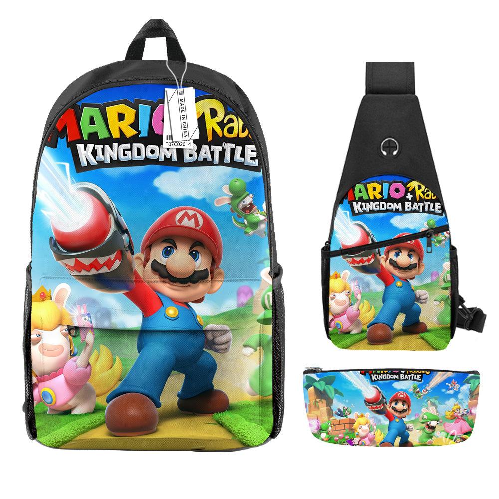 Animation Backpack, Super Mary Primary School Student Print Children'S Backpack Satchel Pencil Case Three-Piece Set
