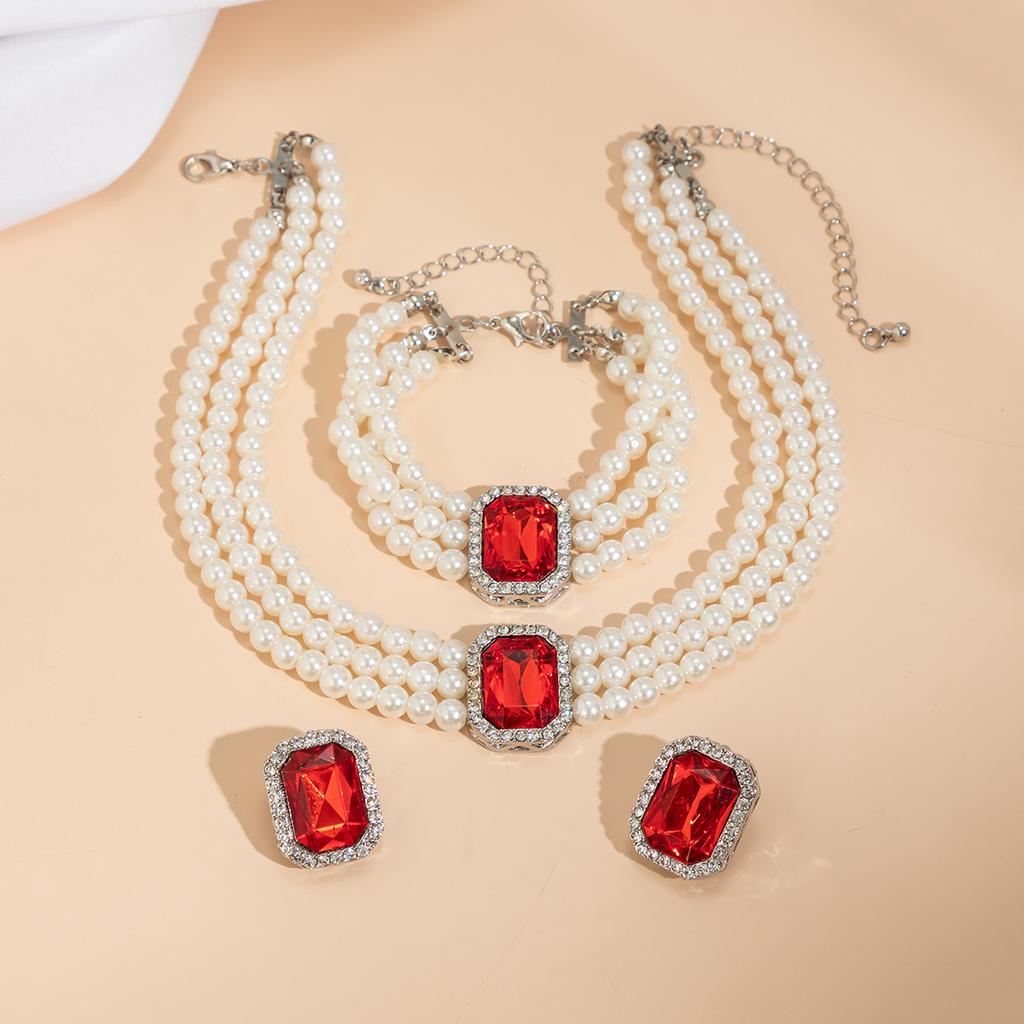 4-teiliges Damenmode Leichter Luxus Kurzer Stil Imitationsperle Türkis Halskette Ohrringe Armband Zirkon Set Party Festival Geschenk