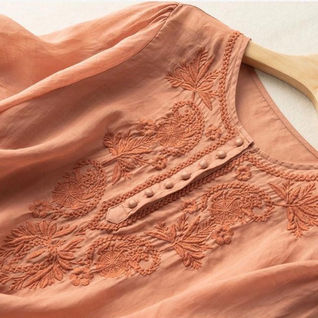 Women's Solid Color Cotton And Linen Short-sleeved Embroidered Retro Breathable T-shirt Round Neck Top