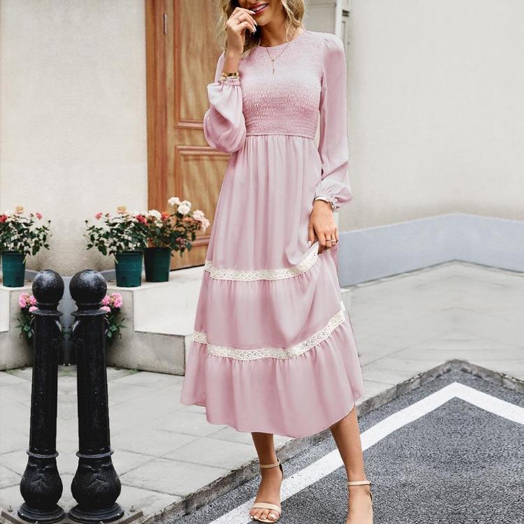 Elegante Vestido Largo para Mujer Cintura Alta Color Sólido Cuello O Manga Larga Otoño Invierno