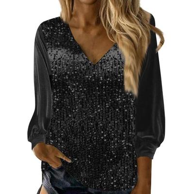 Sparkly Sequin Blouse for Women Loose Long Sleeve Shiny V Neck Party Dressy Shirt Holiday Evening Wear