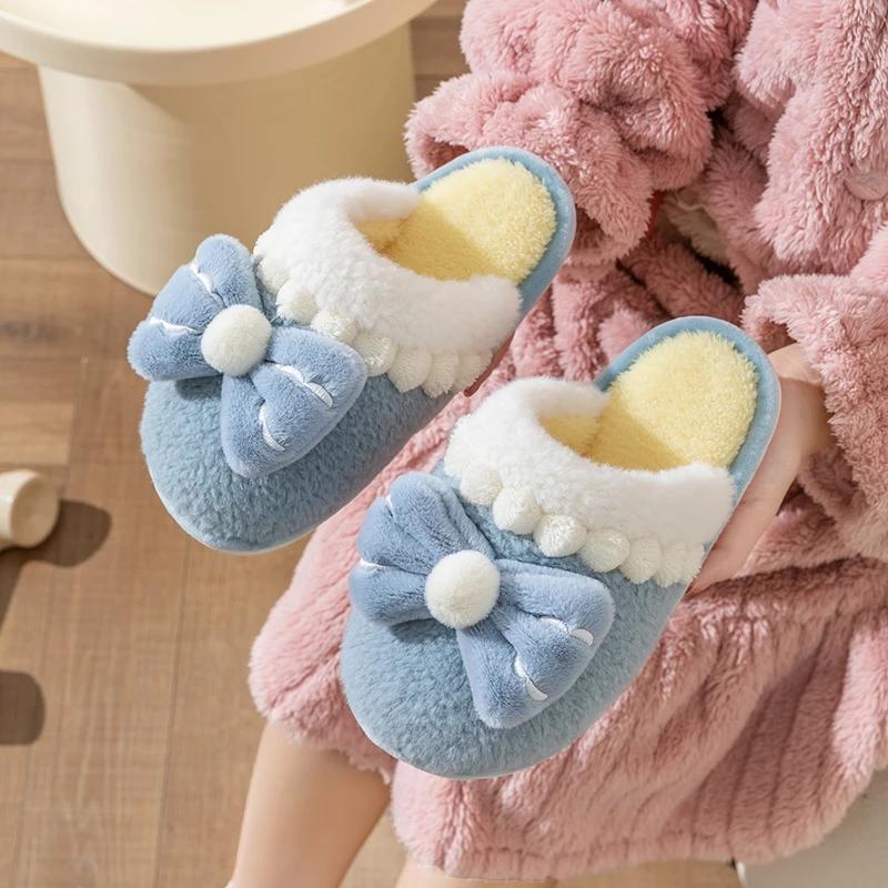 Fashion Casual Fluffy Slippers Women House Flats Fashion Winter Bowknot Designer Shoes Girls Home Plush Platform Elegant Footwear Warm