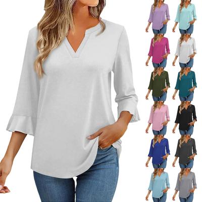 3/4 Sleeve Tops For Women T-Shirt Casual Flared Sleeves Print Tunic V Neck Pullover Blouse