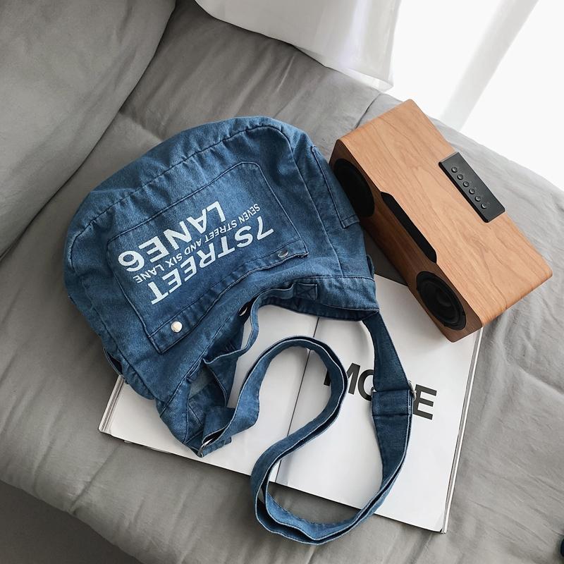 Large Capacity Denim Crossbody Bag Women's Letter Tote Bag Student Shoulder Bag