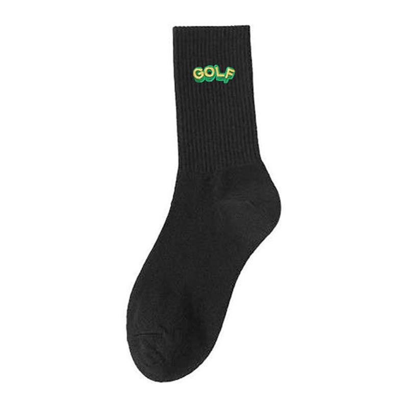 Golf Letter Embroidered Cotton Socks Black And White Wind Street Men And Women Couples Medium Stockings Sports Socks Tide