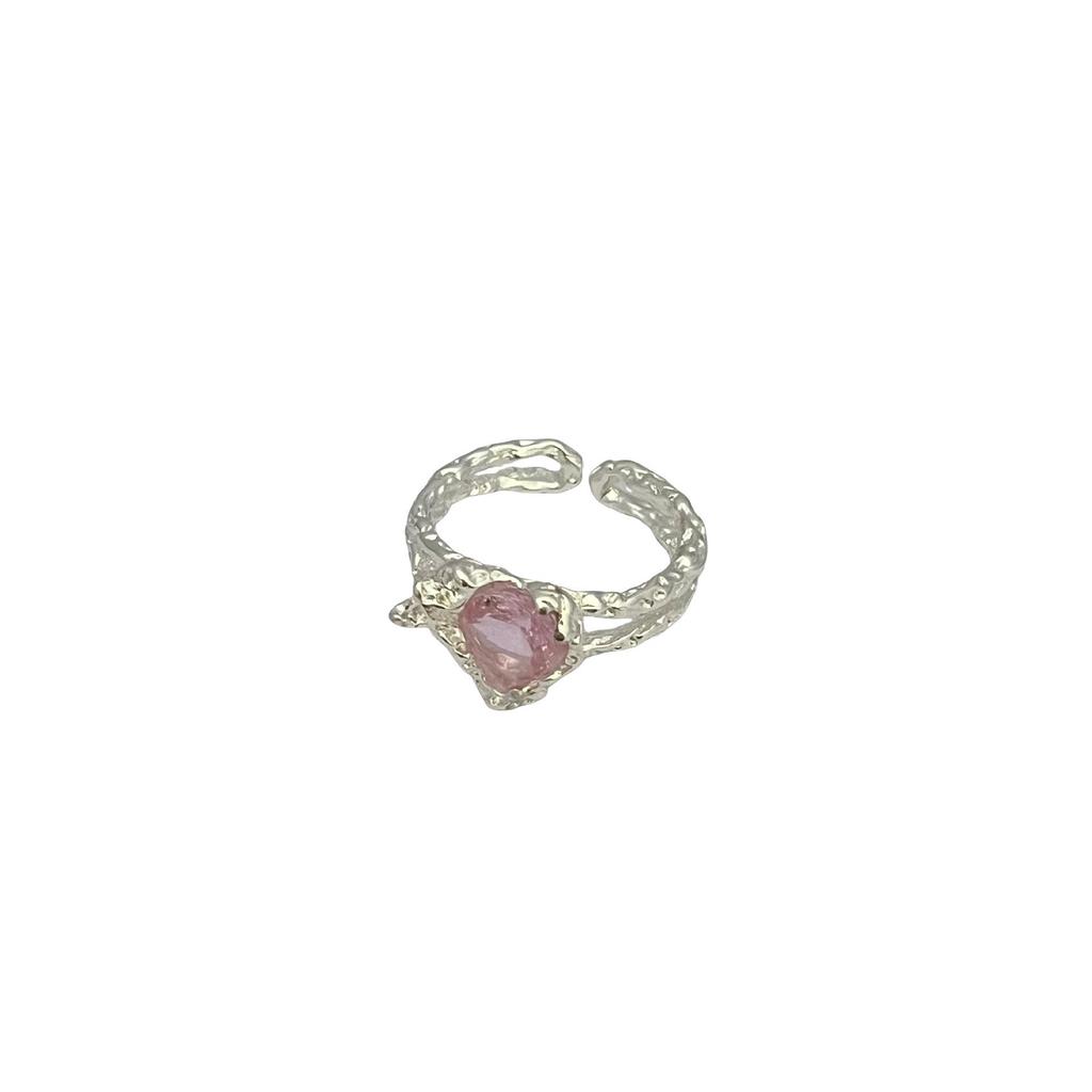 Pink Diamond Double Layer Heart Ring - Handmade Korean Style with Rhinestones