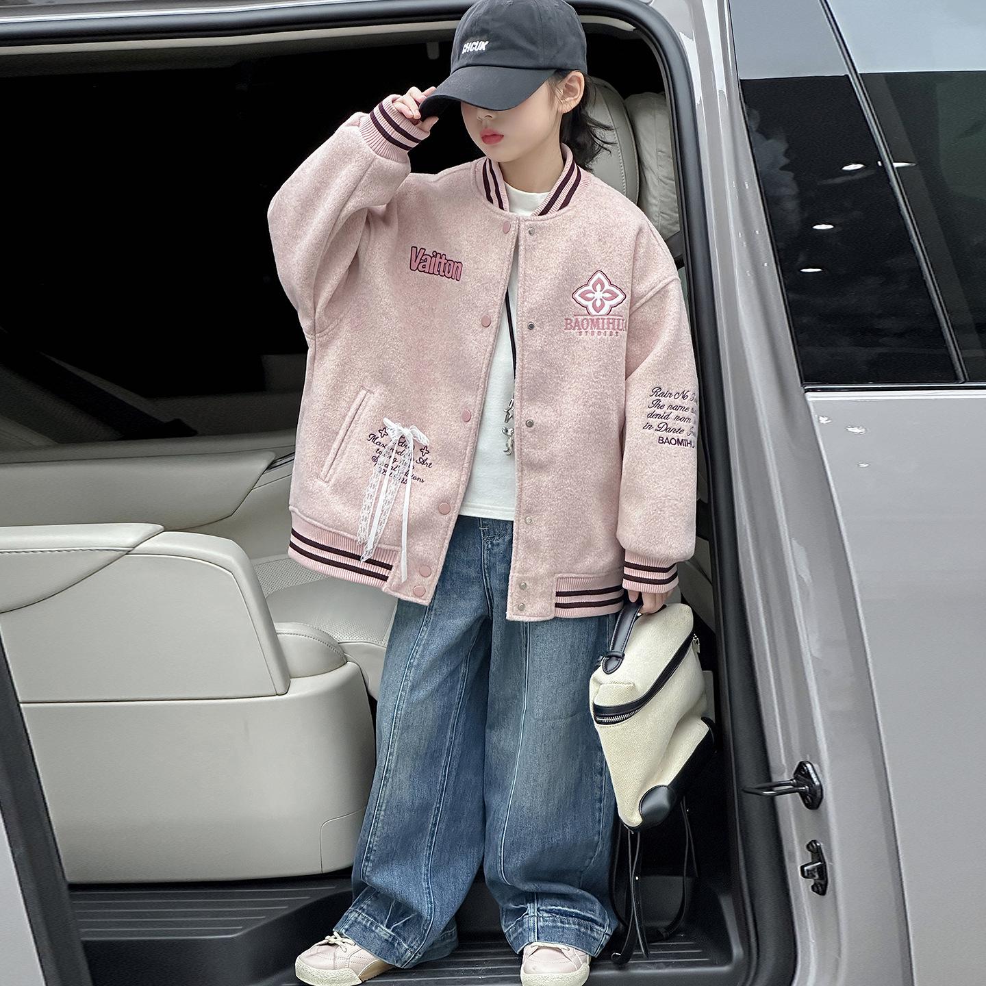 

Девичья стеганая шерстяная бейсбольная куртка - Мода Зима и Осень 2025, Утепленное пальто для детей, 12 лет 140 cm розовый