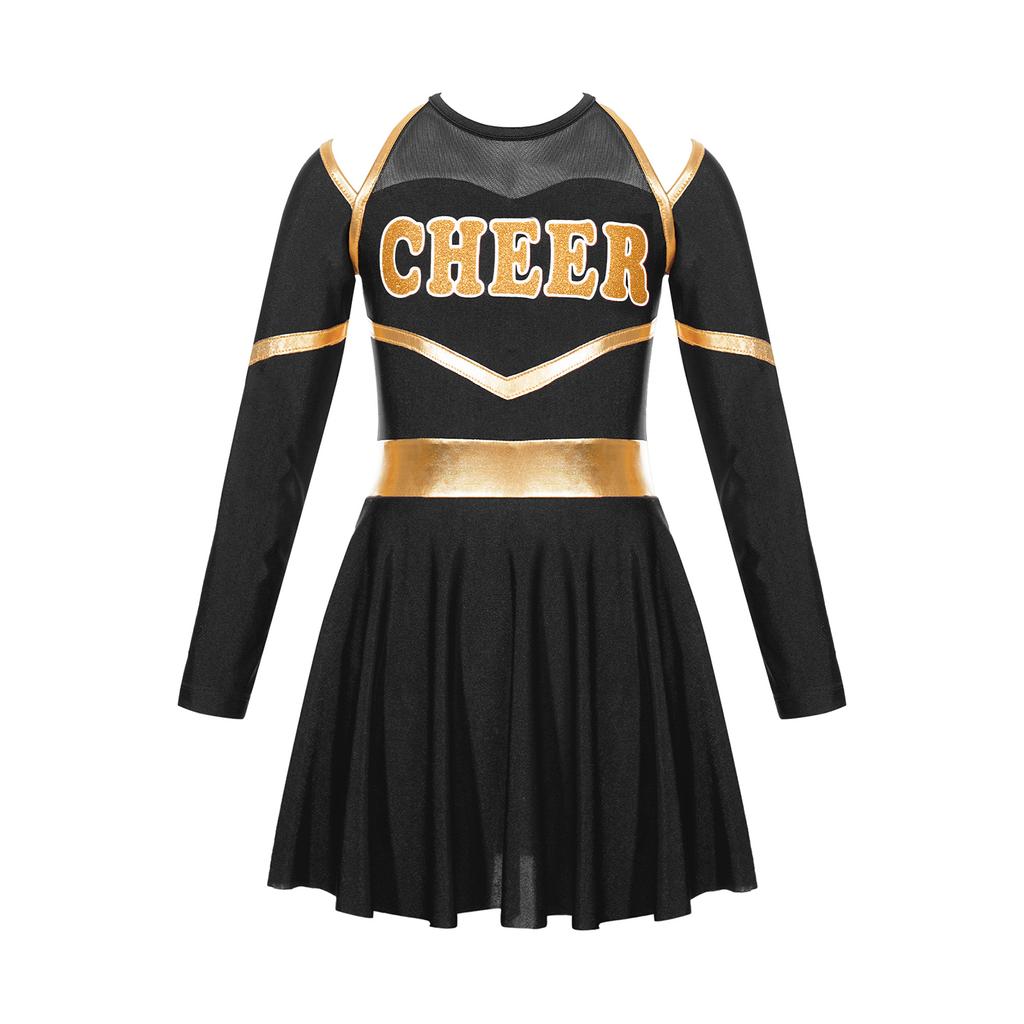 Girl Cheerleading Costumes Dance Uniform Long Sleeves Dance Dress with Hand Flowers Headwear Striped Socks for Stage Performance