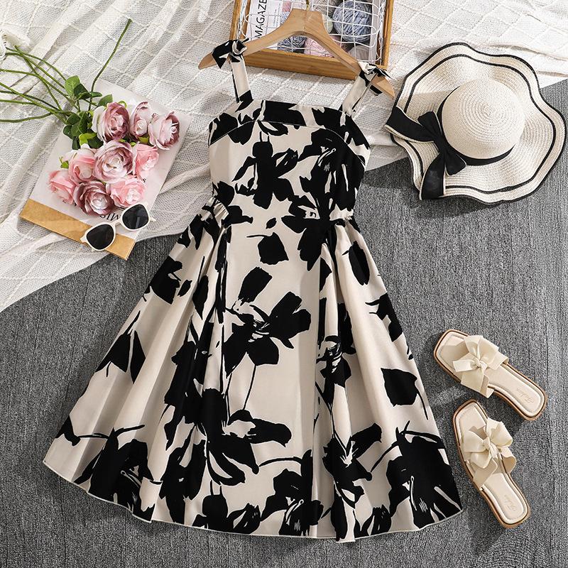 Girls' Fashion Dress Summer Floral Print Strapless Halter Neck High-Waisted Elegant Dress