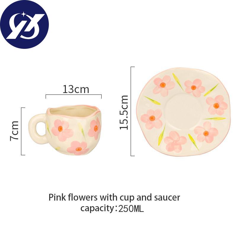 Vintage ručně malovaný tulipán kostkovaný květ Keramický šálek na kávu podšálek Sada na mléko šálek na snídani s rukojetí Mikrovlnná trouba