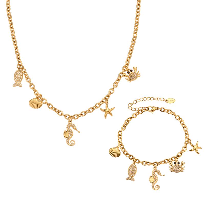 Ocean Theme Charm Necklaces Matching Bracelets In Stainless Steel 18k Gold Plated Chain Necklace Bracelet Jewelry Set For Women