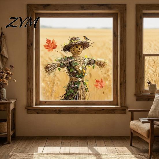 Creative Thanksgiving Gift Scarecrow Window Stickers with Realistic Maple Leaf, Pastoral Decals, Waterproof Durable Film PVC Static Clings for
