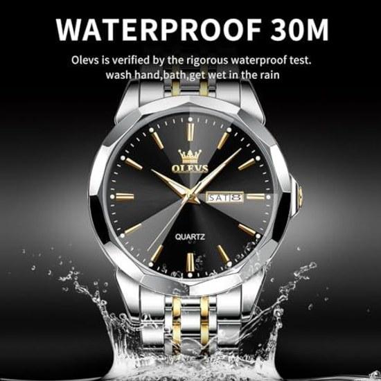 OLEVS mens watch diamond business dress analog quartz stainless steel waterproof luminous date two-tone luxury casual black One Piece