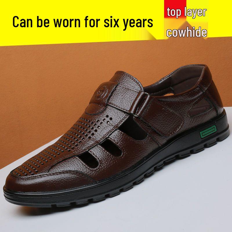 2023 Men's Cool Genuine Cowhide Leather Sandals: Breathable, Soft Sole, Casual Dad Style
