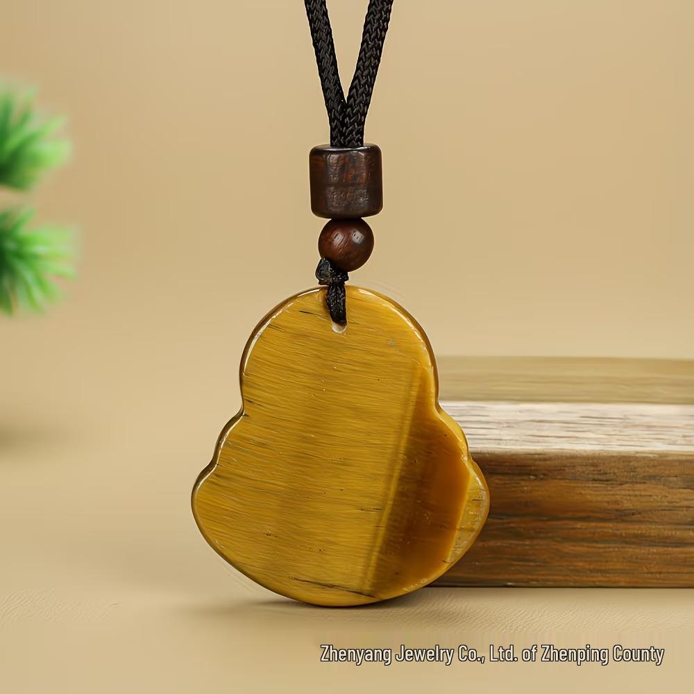 Tiger's Eye Maitreya Buddha Pendant Necklace with Jade and Wood Elements.