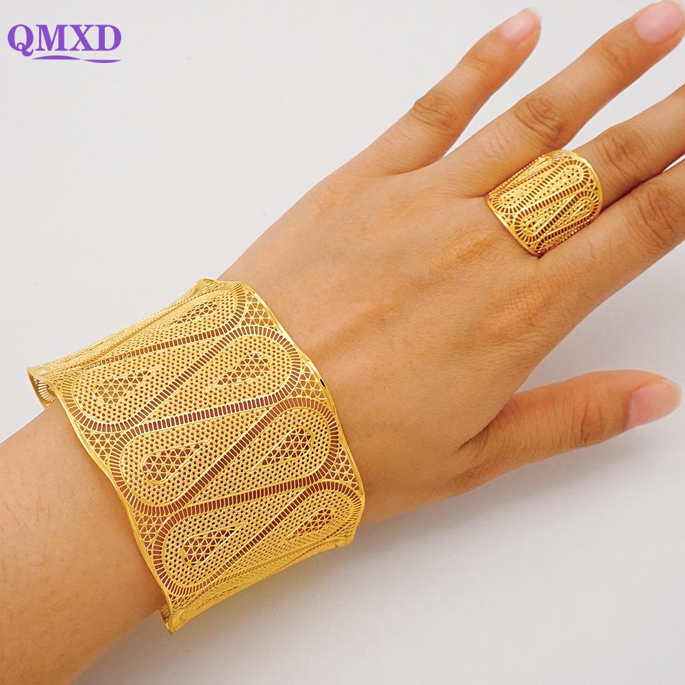 Dubai Gold Color Bangle With Ring For Women Charm Chain Cuff Bracelet Indian Bracelet Arabic France Bridal Wedding Jewelry Gifts