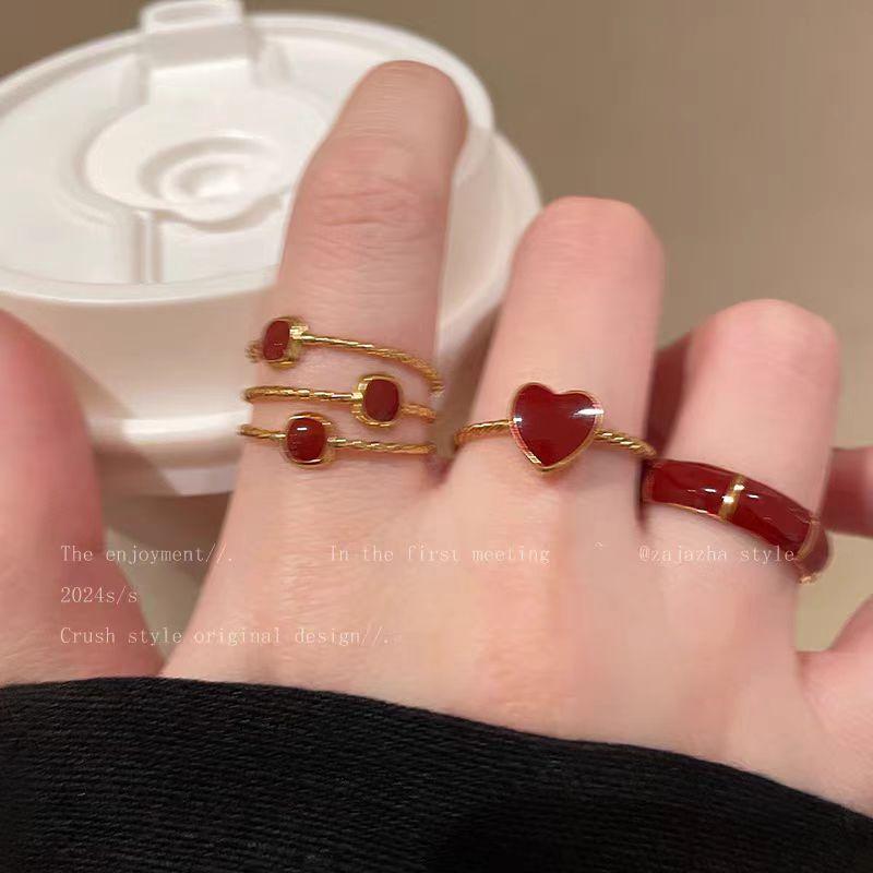 Ankola Red Love Drip Glaze Ring, Women'S Light Luxury Retro Index Finger Ring, High-End Feeling Stacked Ring