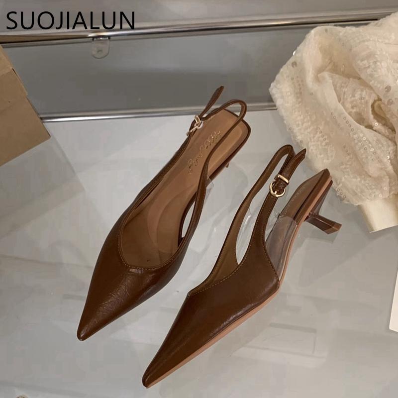 Fashion SUOJIALUN 2024 Summer New Brand Women Sandal Fashion Pointed Toe Shallow Ladies Elegant  Slingback Shoes Thin Med Heel Pumps