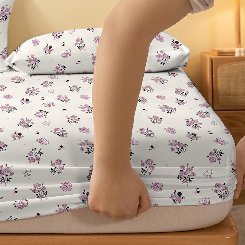1 Simple Modern Plant Flower Butterfly Printed Matte Fitted Sheet, Bedroom Printed Bed Cover, Bedding (Excluding Pillowcases)