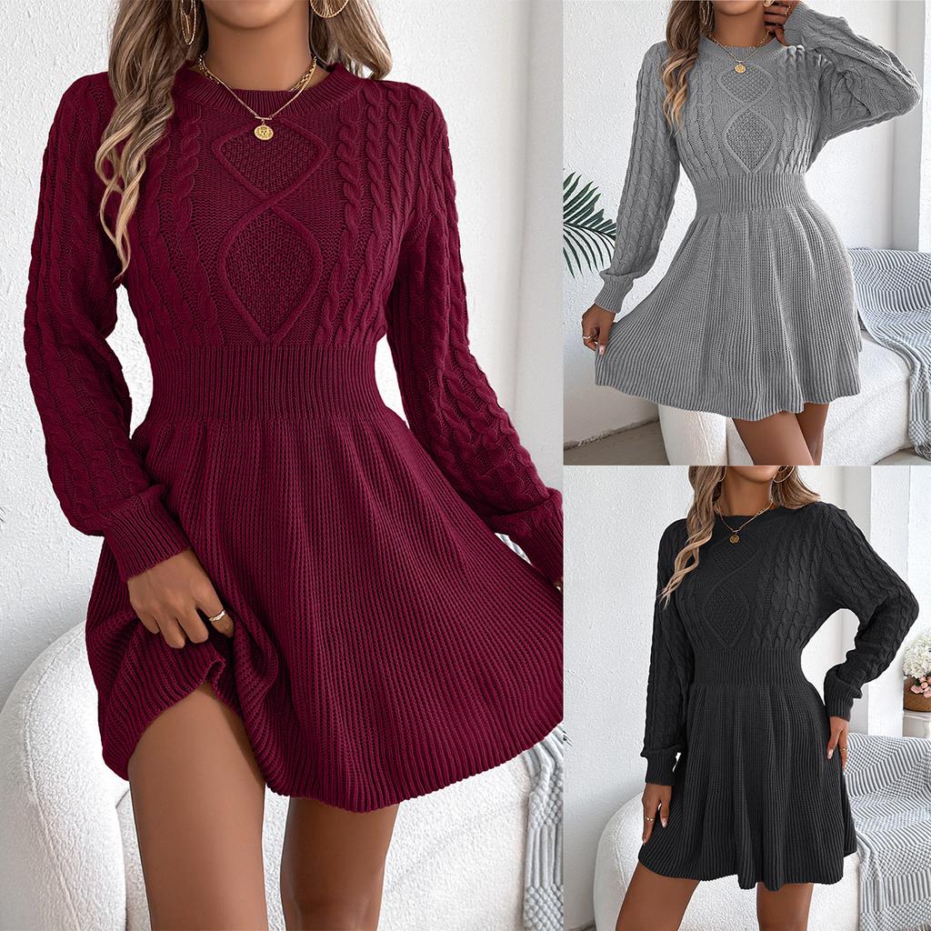Autumn and Winter Women's Knitted Sweater Dress Solid Color Slim-fit Lantern Sleeve Sweater Dress Knitted A-line Dress