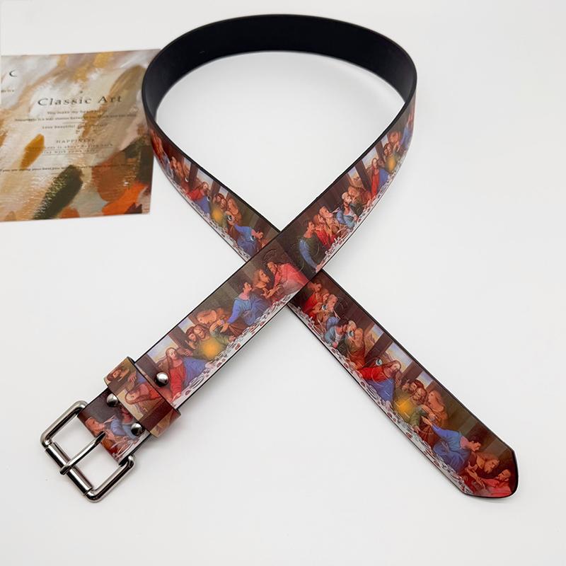 Y2K Belt Faionable Printed Belt Last Supper Time Retro Belt For Men And Women Youth Pu Leather