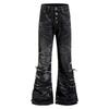 Mens Flared Denim Pants Punk Style Washed Distressed Jeans Button Fly Casual Trousers