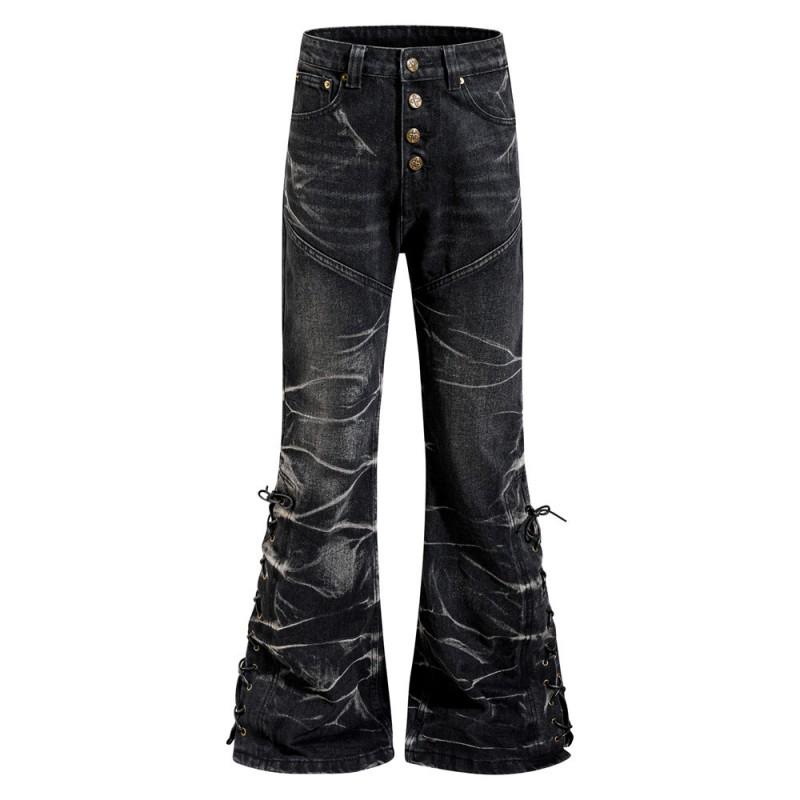 Mens Flared Denim Pants Punk Style Washed Distressed Jeans Button Fly Casual Trousers