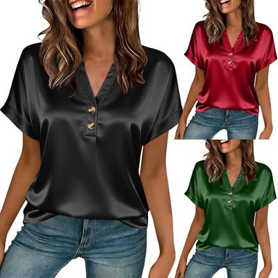 Damen Elegantes Satin-Button-Up V-Ausschnitt Kurzarm T-Shirt Top