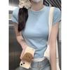 Pure Desire Wind Round Neck Front Shoulder Short-sleeved T-shirt Women's Summer Design Sense Fake Two Pieces Pleated Waist Spice Girl Short Top