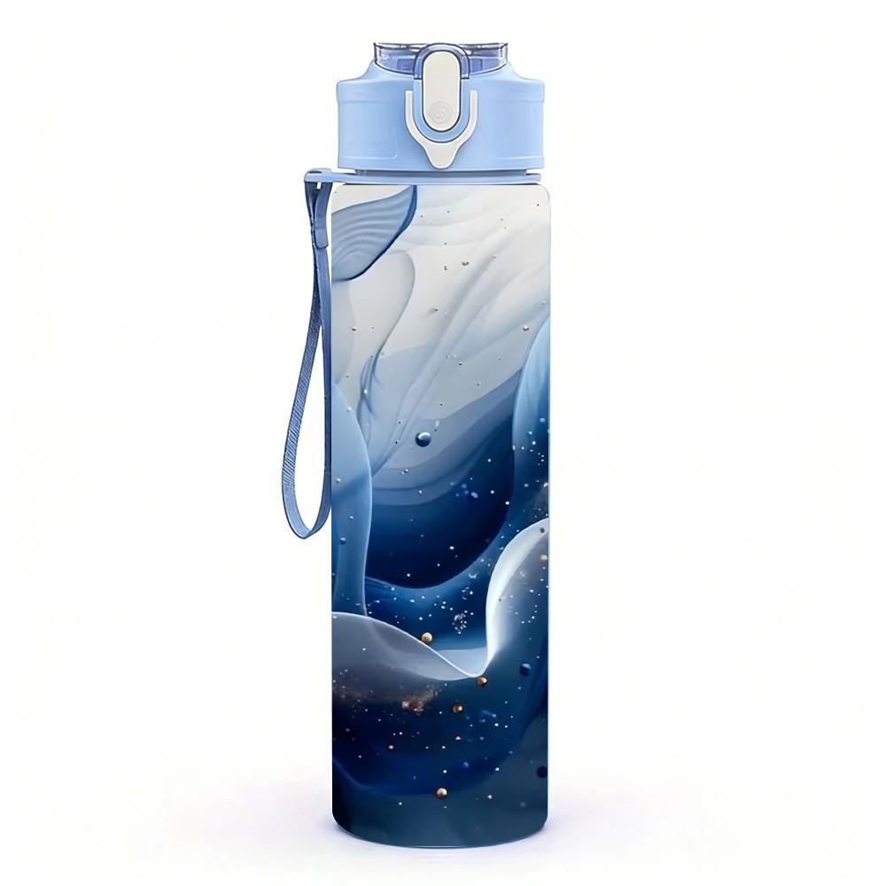 1PC Blue Marble Swirl Pattern 750ml Color Plastic Sports Water Bottle Leakproof Flip Straw Lid Suitable for Sports Office Home Use