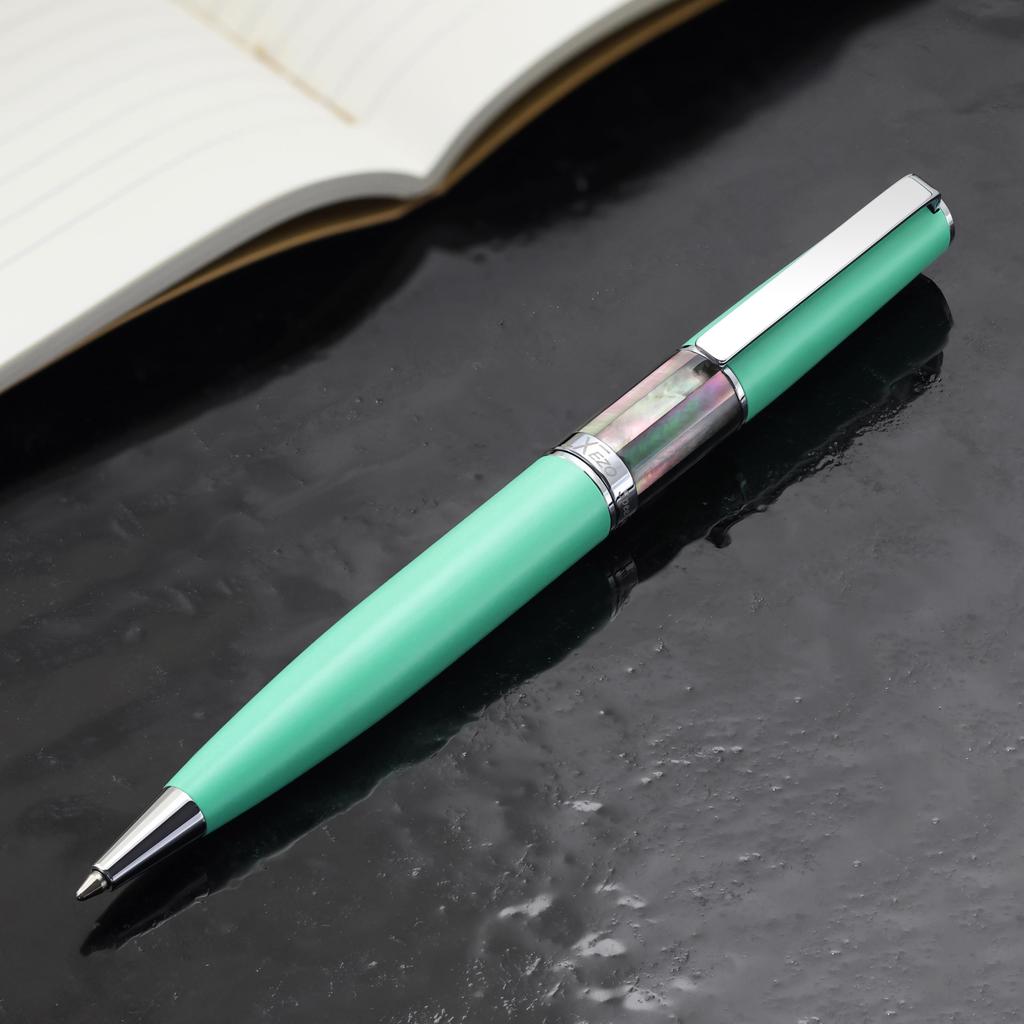 Xezo Speed Master Twist Action Medium Ballpoint Matte Aqua Tahitian Black Chrome Lightweight brass Pen. Green, Mother-of-Pearl. plated. body.