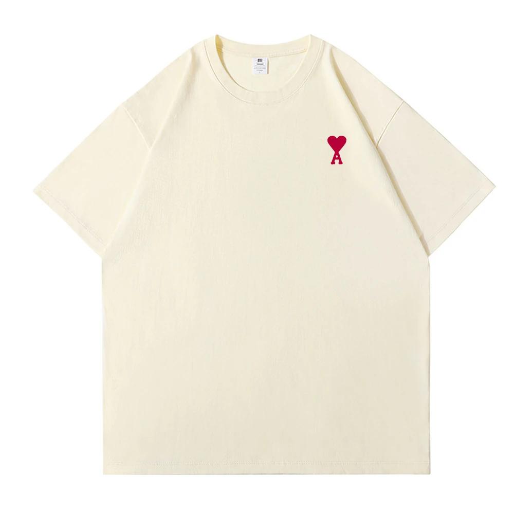 2D Pure Cotton High-quality Round-neck Korean Trendy Brand Red Heart-shaped Unisincter T-shirt for Both Men and Women