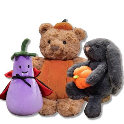 Kreatívne plyšové hračky Tekvicový medveď Mäkký čierny králik s tekvicou Slúchadlá & Plášť Baklažánová plyšová bábika Halloween Halloweenske sladkosti alebo čarodejníctvo