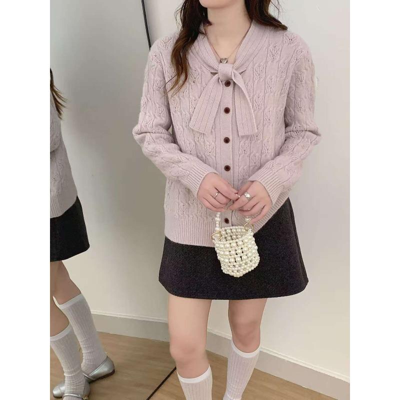 Bow Ribbon Crew Neck Knitted Sweater Spring and Autumn Women's Casual Versatile Knitted Sweater Twist Long Sleeve Tide