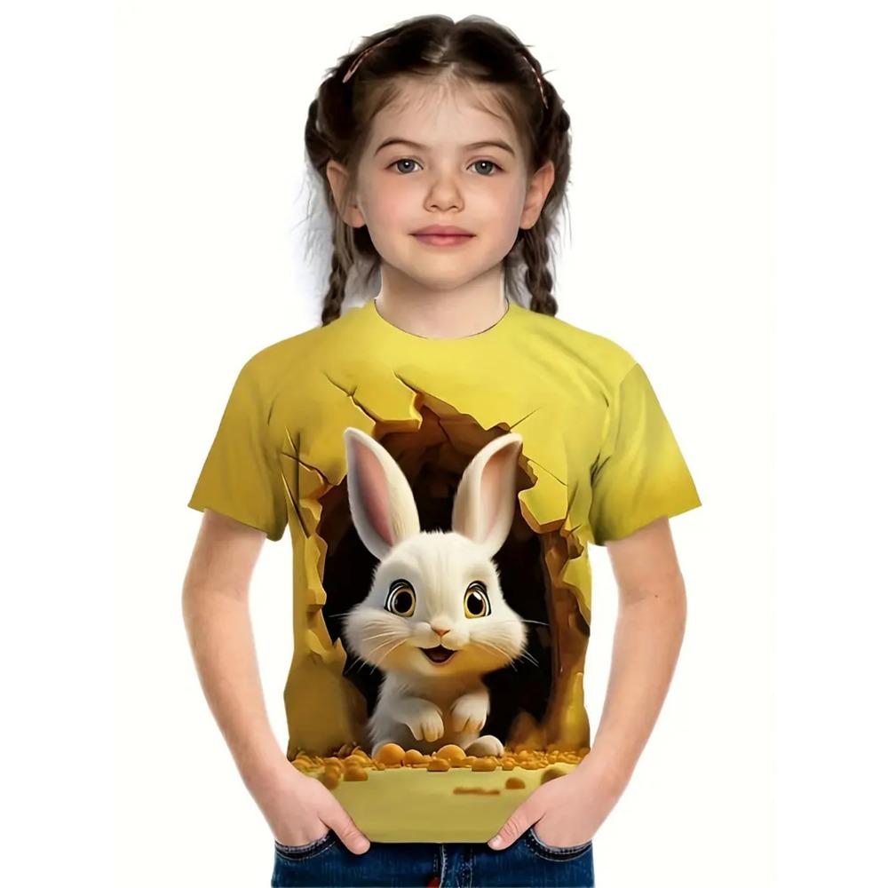 Girl Clothes Cartoon Cute Rabbit 3D Print Funny Animal Lover Boy Girl Short Sleeve tops 4-14Y