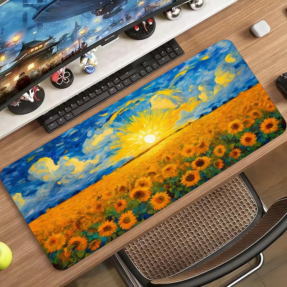 Smooth Non Slip Rubber Keyboard Desk Mat Large Extended Gaming Mouse Pad Sunflower Oil Painting For Laptop Computer Office