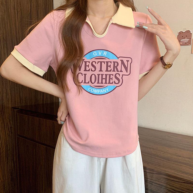 

Women s Plus Size Letter Print Polo Collar T-Shirt - Summer 2025 Trend, Short Sleeve, Loose Fit, Slimming Design. 3XL (Suggest 130-140 jin) рожевий