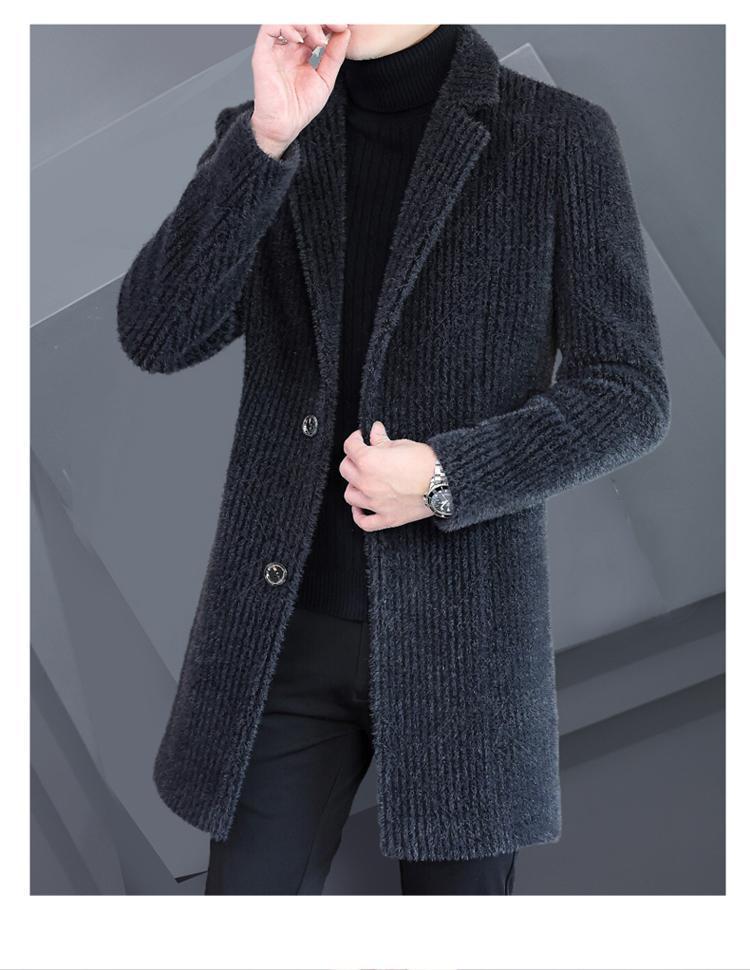 Men's Striped Mid-Length Overcoat Suit Collar Trench Coat, 2023 Autumn/Winter, Youth Plus Cotton, Thickened.