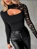 Elegant Lace Patchwork Long Sleeve T-Shirt Black Temperament Elegant Slim Fit Show Off Thin